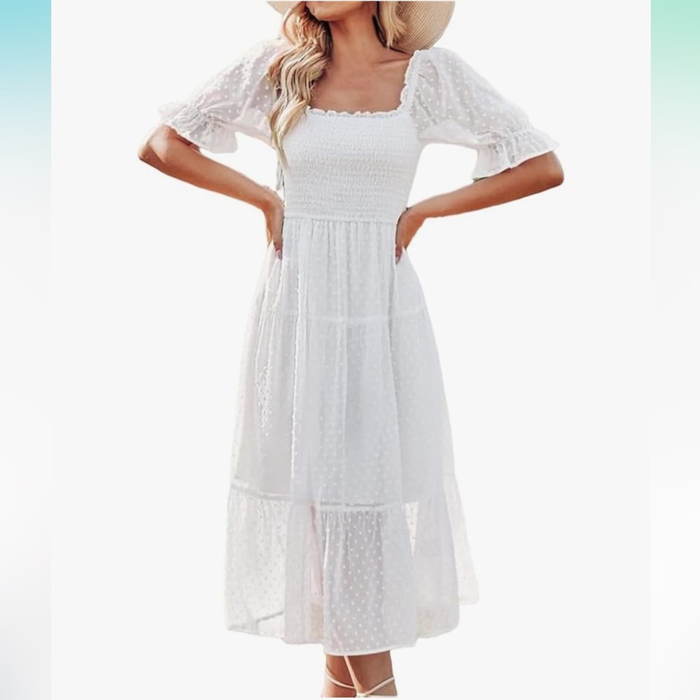 Chic White Midi Dress with Puff Sleeves